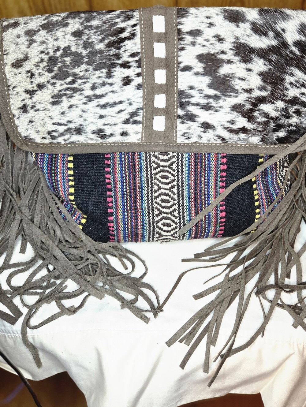 Myra Bag Brown Cowhide & Multicolor Woven Fringe Crossbody Bag